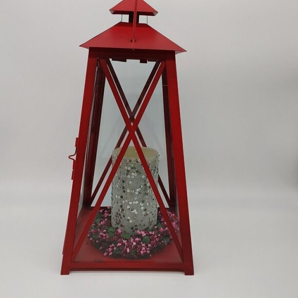 Indoor And Outdoor Red Glass Metal Hanging Candle Impressions Lantern Vintage